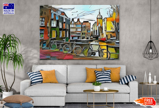 Bicycles Near Building Abstract Painting Print 100% Australian Made