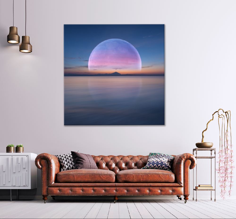 Square Canvas Sea Horizon Rises & Full Moon View Photograph High Quality Print 100% Australian Made