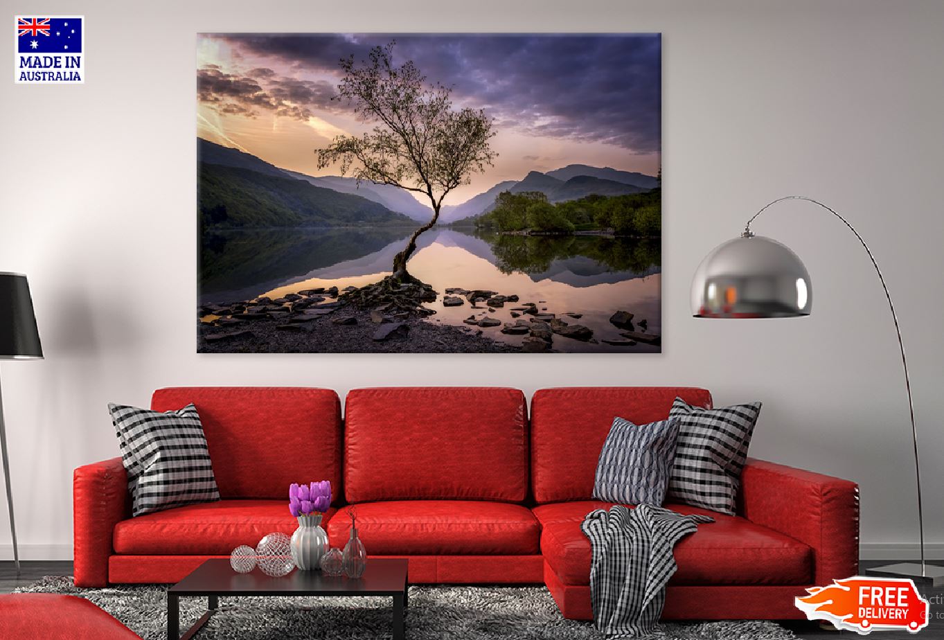 Alone Tree on Lake Sunset Scenery Photograph Print 100% Australian Made