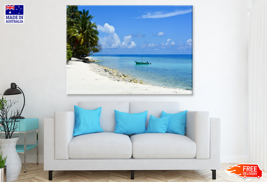 Palm Trees & Boat On Sea Sky View Print 100% Australian Made