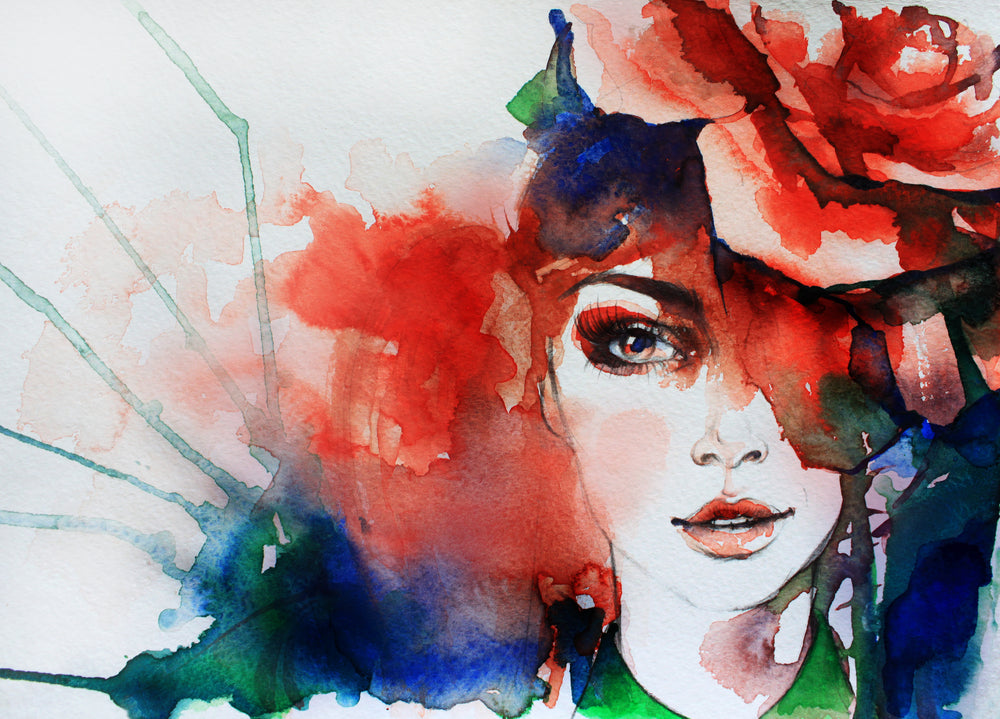 Girl Face & Flower Watercolor Painting Print 100% Australian Made