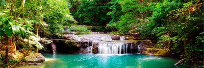 Panoramic Canvas Erawan Waterfall in The Forest High Quality 100% Australian Made Wall Canvas Print Ready to Hang
