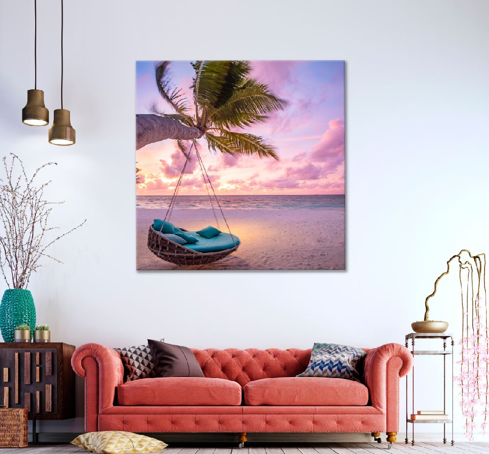 Square Canvas Sunset Beach Swing with Palm Tree Photograph High Quality Print 100% Australian Made