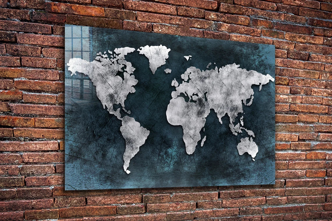 Silver World Map Vector Print Tempered Glass Wall Art 100% Made in Australia Ready to Hang