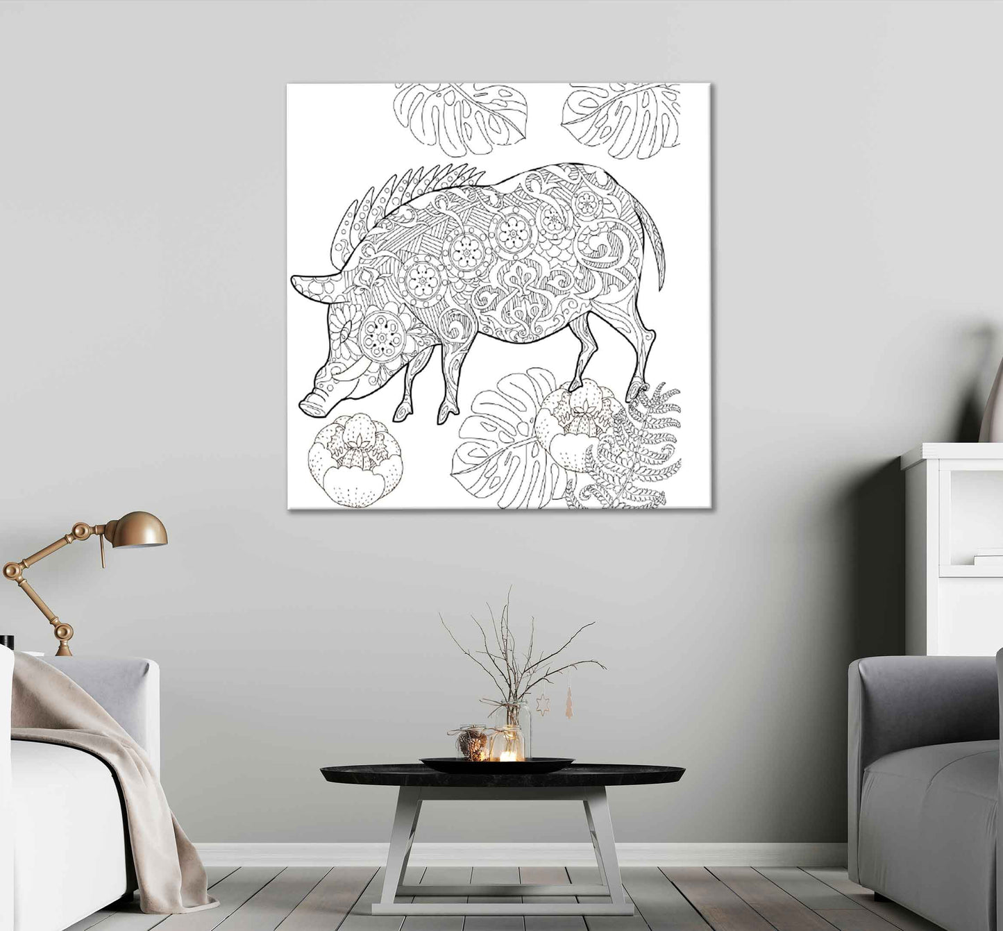 Square Canvas Pig with Leaves B&W Vector Design High Quality Print 100% Australian Made