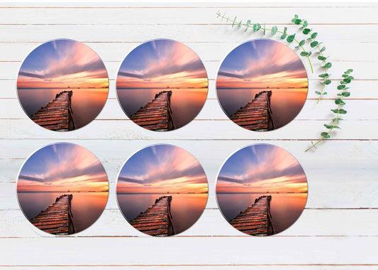 Pier & Sunset View Coasters Wood & Rubber - Set of 6 Coasters