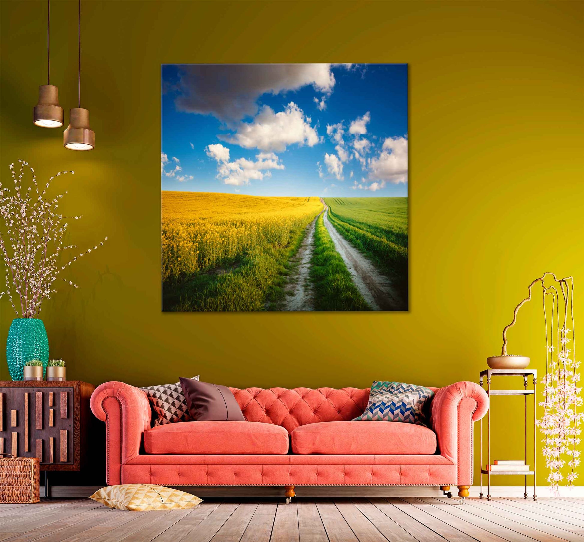 Square Canvas Yellow Flowers Field Pathway High Quality Print 100% Australian Made