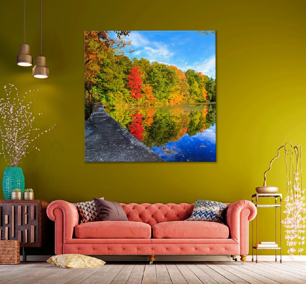 Square Canvas Lake with Autumn Trees View Photograph High Quality Print 100% Australian Made