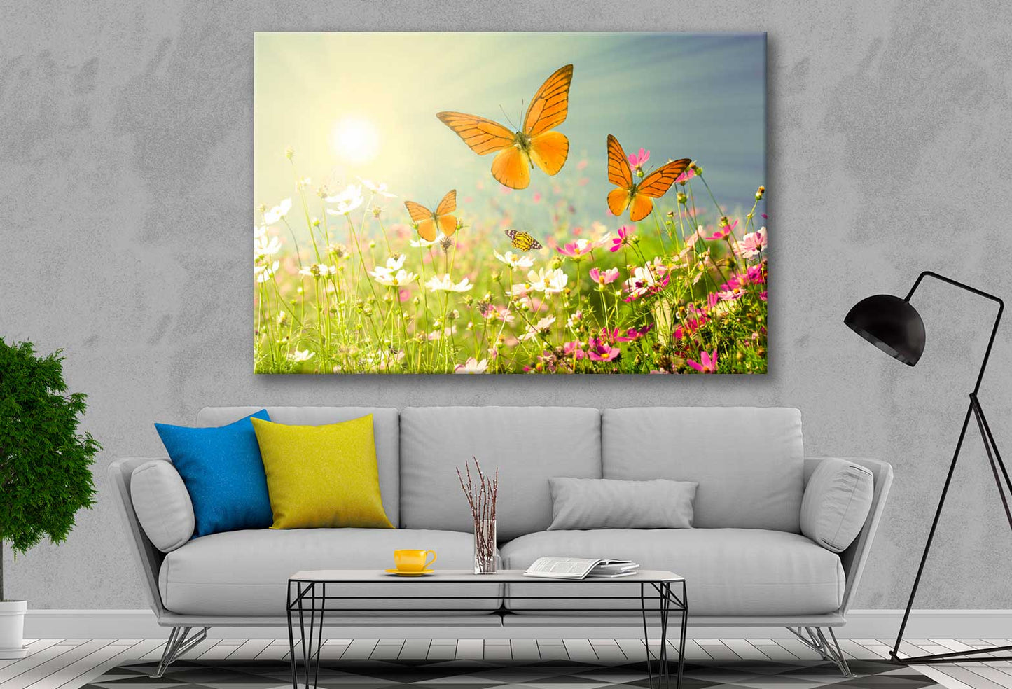 Bella Home Flowers & Butterflies in Sunrise Print Canvas Ready to hang