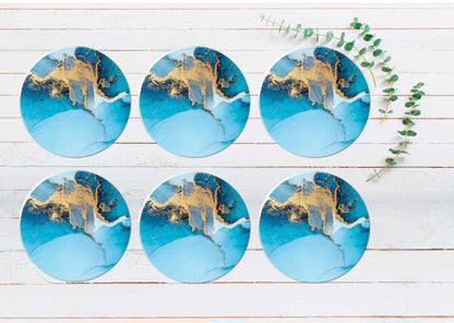 Blue & Gold Splash Marble Abstract Coasters Wood & Rubber - Set of 6 Coasters