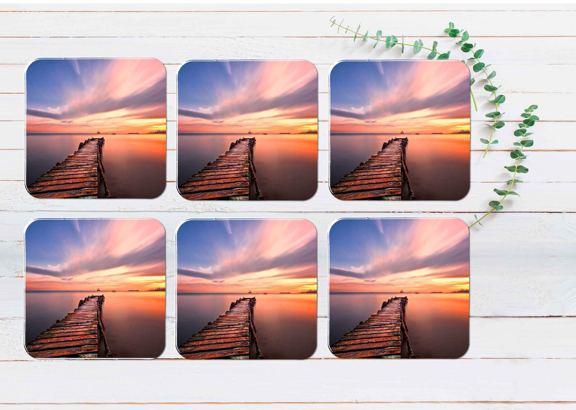 Pier & Sunset View Coasters Wood & Rubber - Set of 6 Coasters