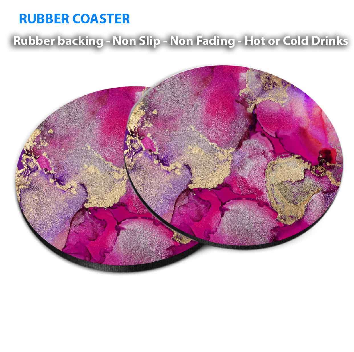 Pink & Gold Splashes Abstract Design Coasters Wood & Rubber - Set of 6 Coasters