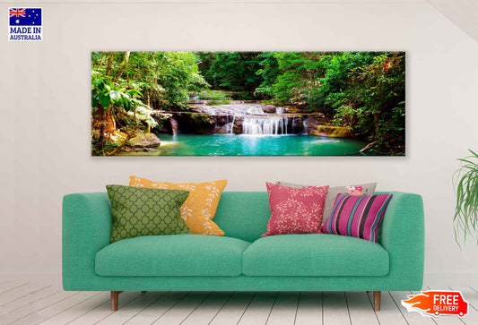 Panoramic Canvas Erawan Waterfall in The Forest High Quality 100% Australian Made Wall Canvas Print Ready to Hang