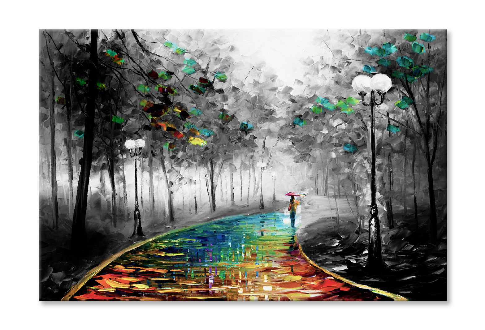 Girl Walking on Colorful Road B&W Forest Painting Wall Art Limited Edition High Quality Print Stretched Canvas None