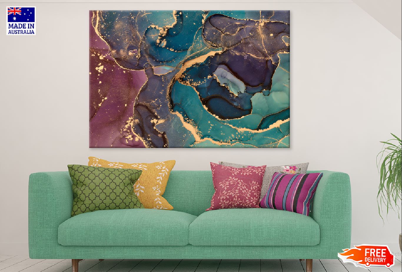 Pink Green & Gold Fluid Abstract Design Print 100% Australian Made