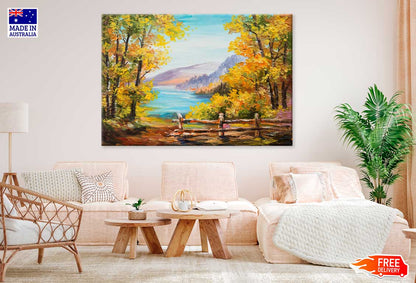 Autumn Trees & Lake Scenery Oil Painting Print 100% Australian Made