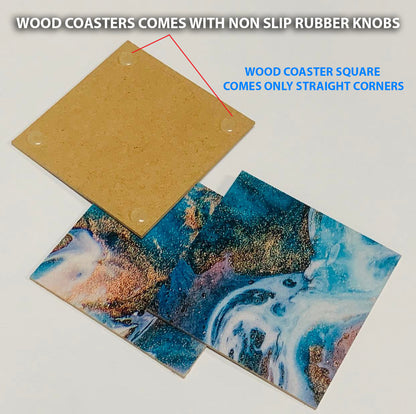 Blue Pink Gold Splash Abstract Coasters Wood & Rubber - Set of 6 Coasters