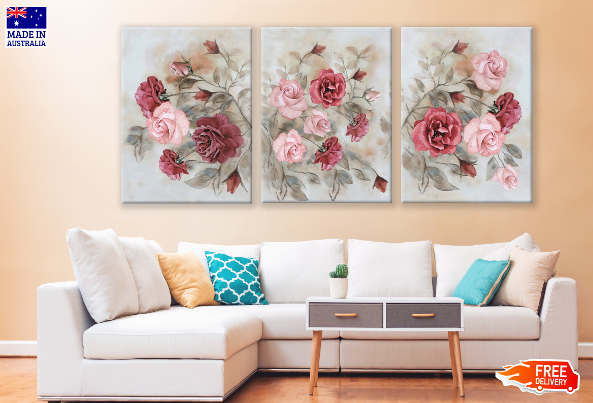 3 Set of Pink Red Floral Art High Quality print 100% Australian made wall Canvas ready to hang