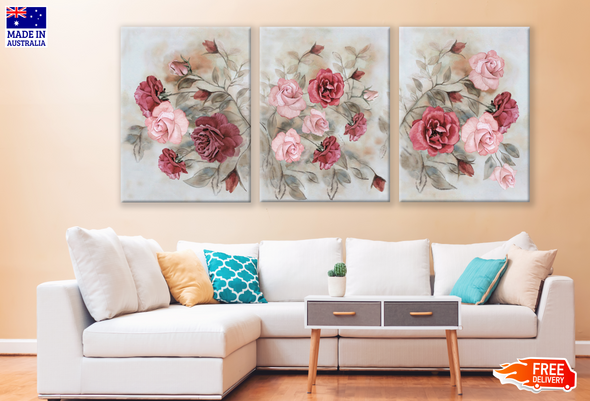 3 Set of Pink Red Floral Art High Quality print 100% Australian made wall Canvas ready to hang