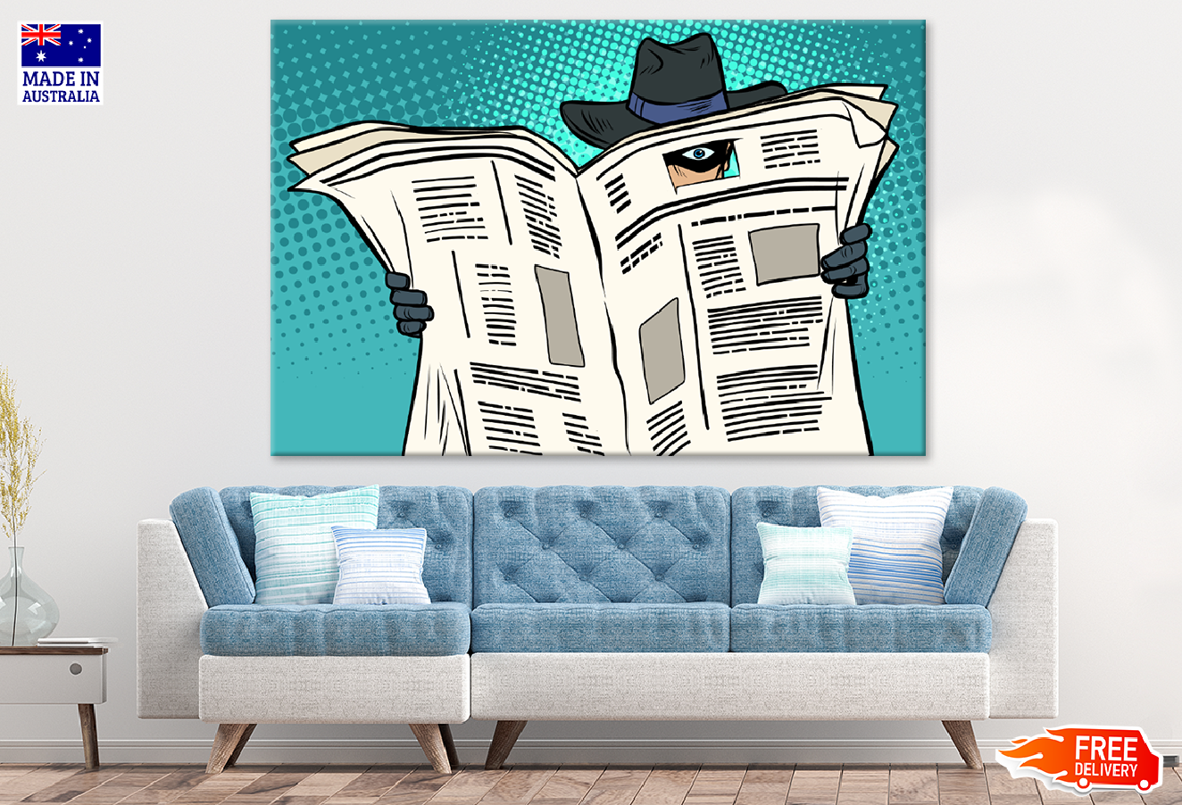 Robber Looking Through a News Paper Illustration Print 100% Australian Made