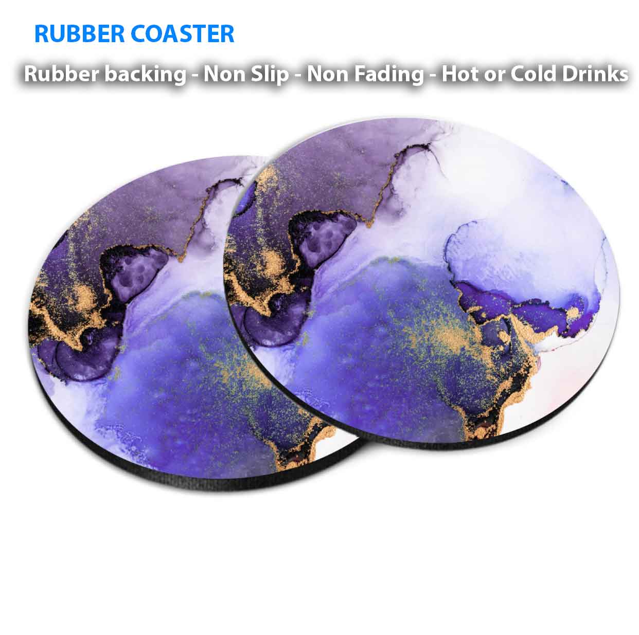 Purple Gold Splash Marble Abstract Coasters Wood & Rubber - Set of 6 Coasters