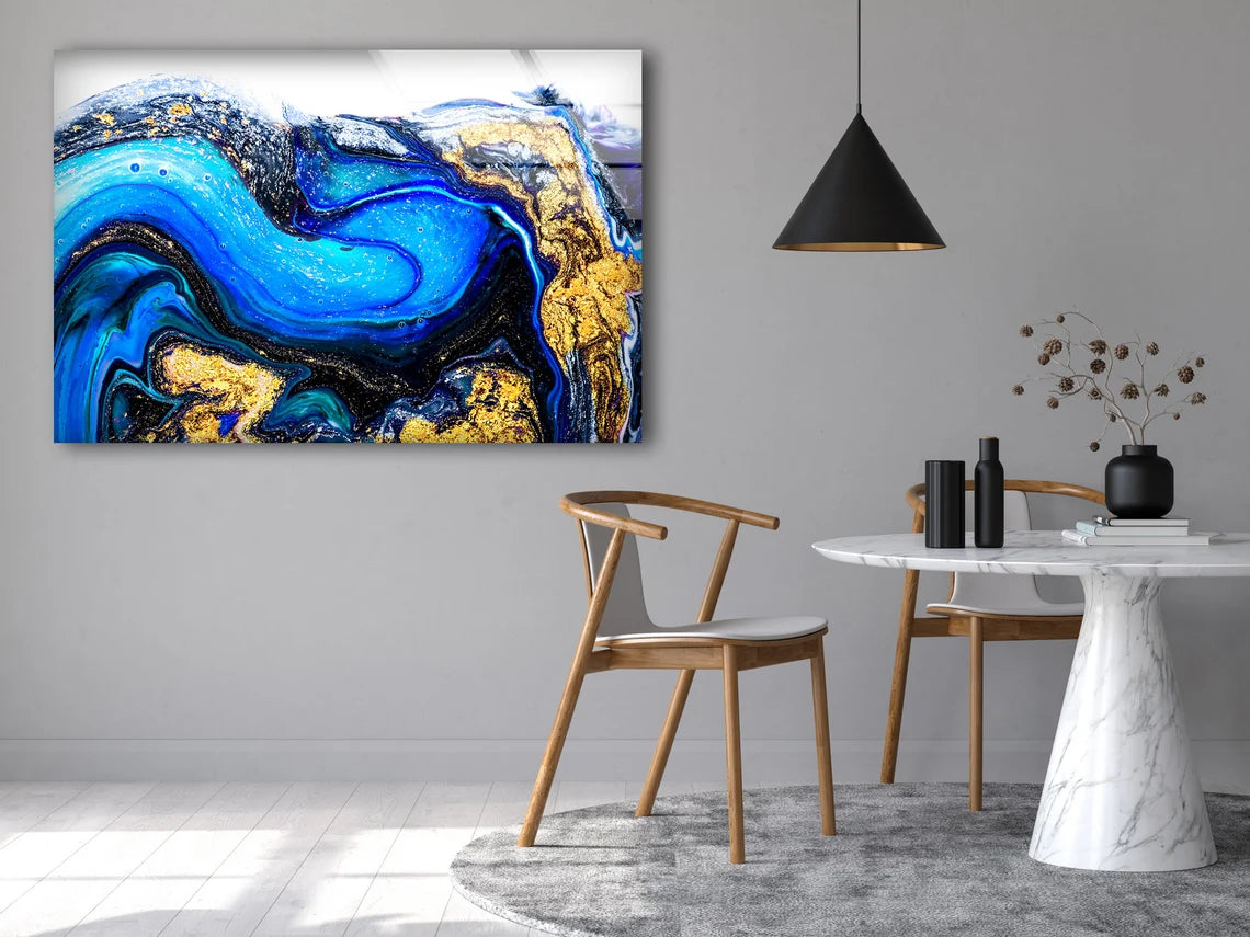 Blue White & Gold Abstract Design Acrylic Glass Print Tempered Glass Wall Art 100% Made in Australia Ready to Hang