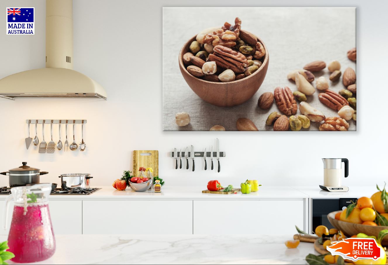 Mixed Nuts in Wooden Bowl Closeup Photograph Print 100% Australian Made