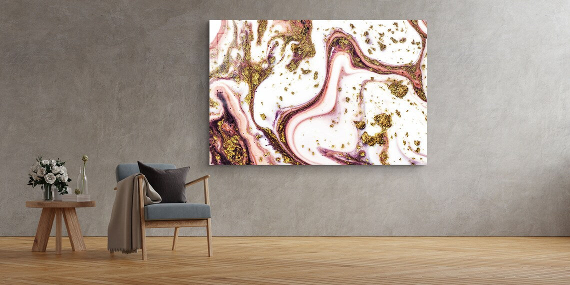 Pink & Gold Abstract Print Tempered Glass Wall Art 100% Made in Australia Ready to Hang