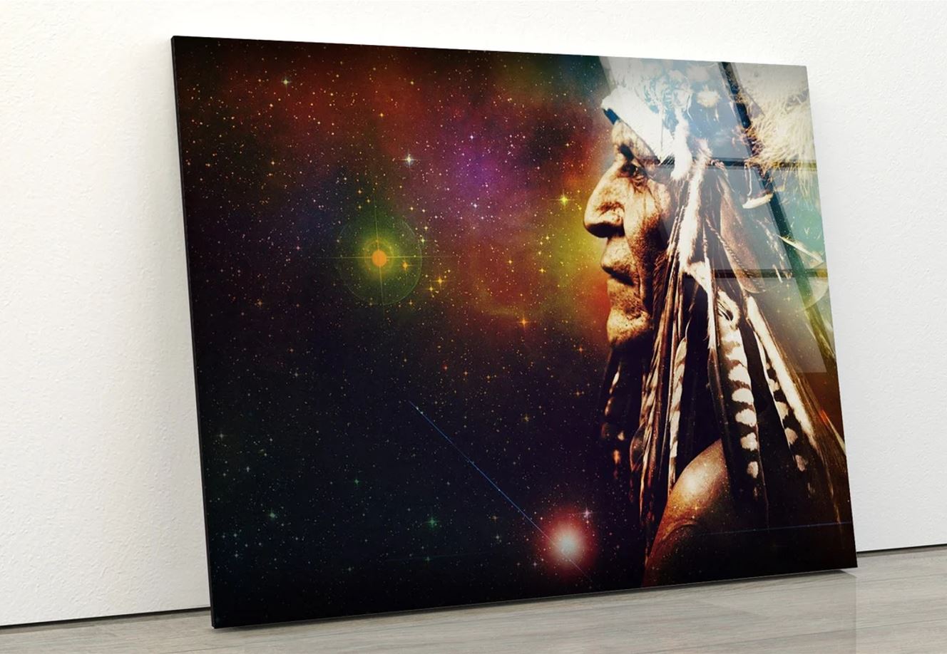 Red Indian Man with Feather Headdress Design Acrylic Glass Print Tempered Glass Wall Art 100% Made in Australia Ready to Hang