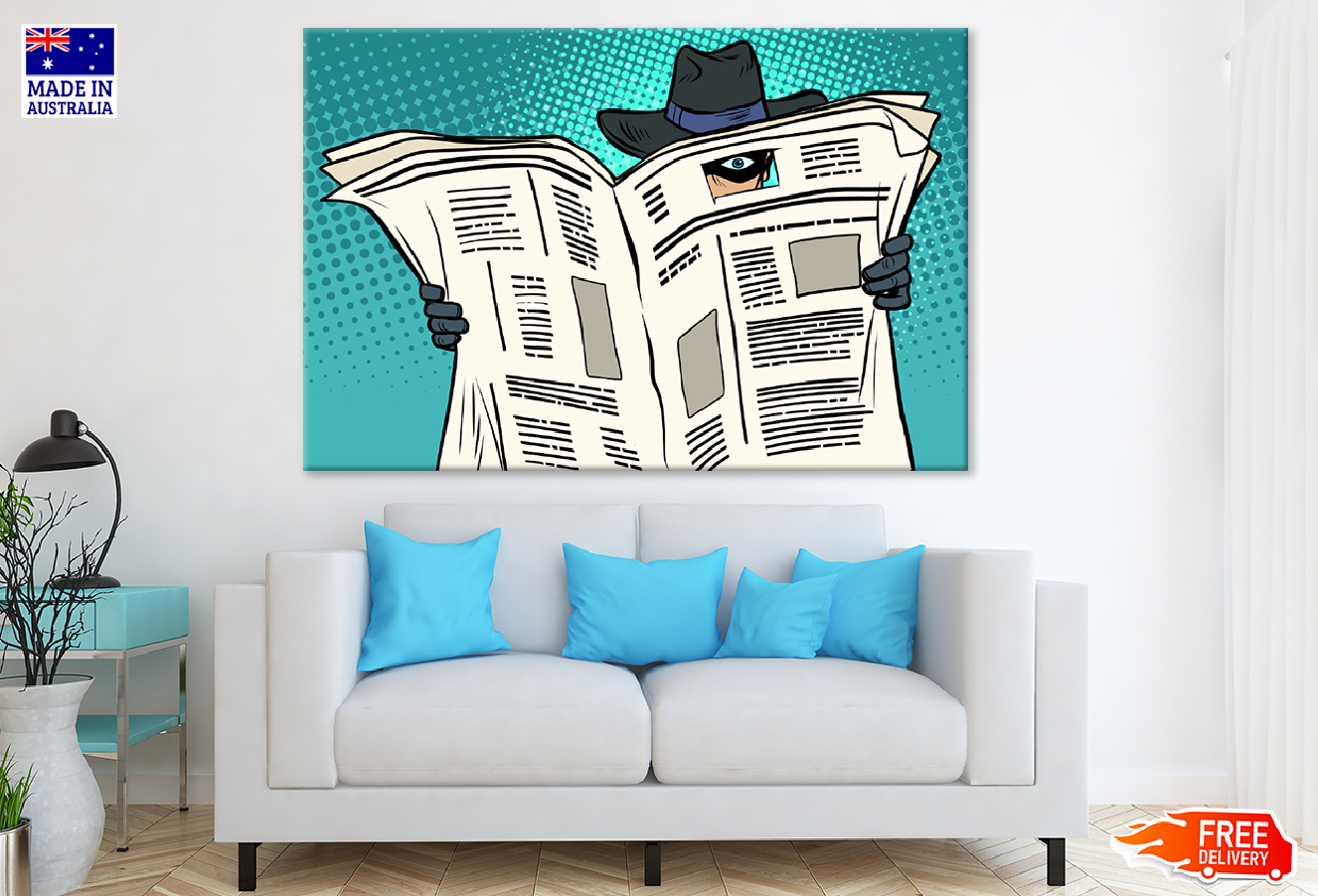 Robber Looking Through a News Paper Illustration Print 100% Australian Made