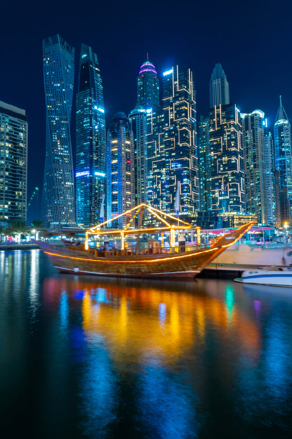 Dubai Marina Wooden Boat Night Photograph Print 100% Australian Made