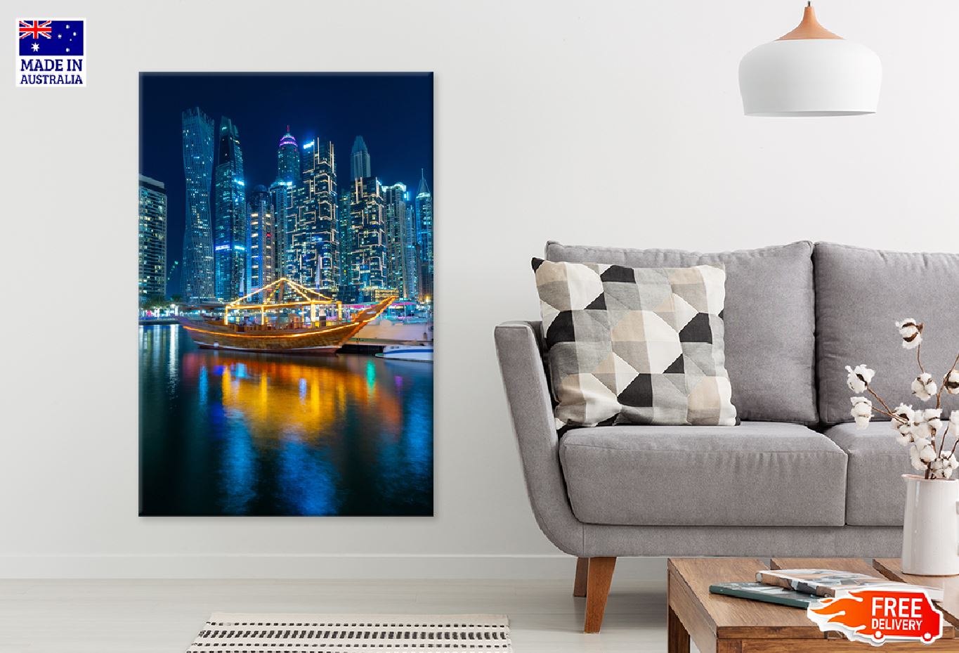 Dubai Marina Wooden Boat Night Photograph Print 100% Australian Made