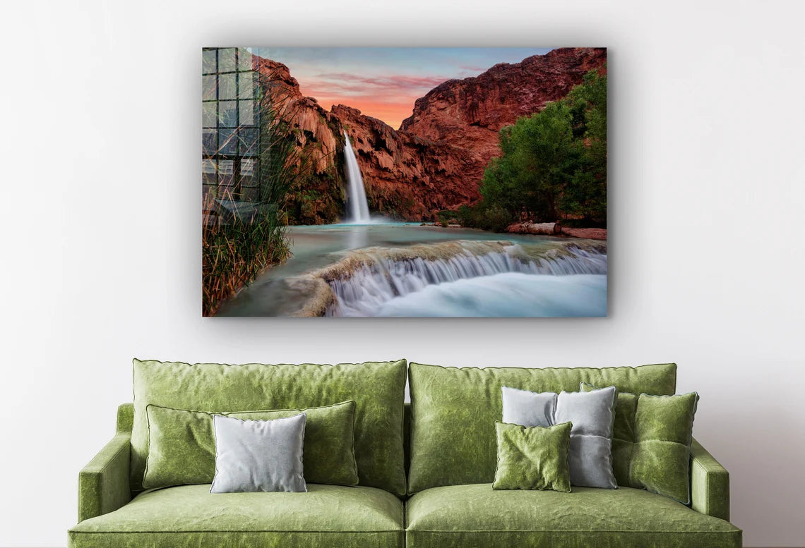 Waterfall Rocks Scenery Print Tempered Glass Wall Art 100% Made in Australia Ready to Hang