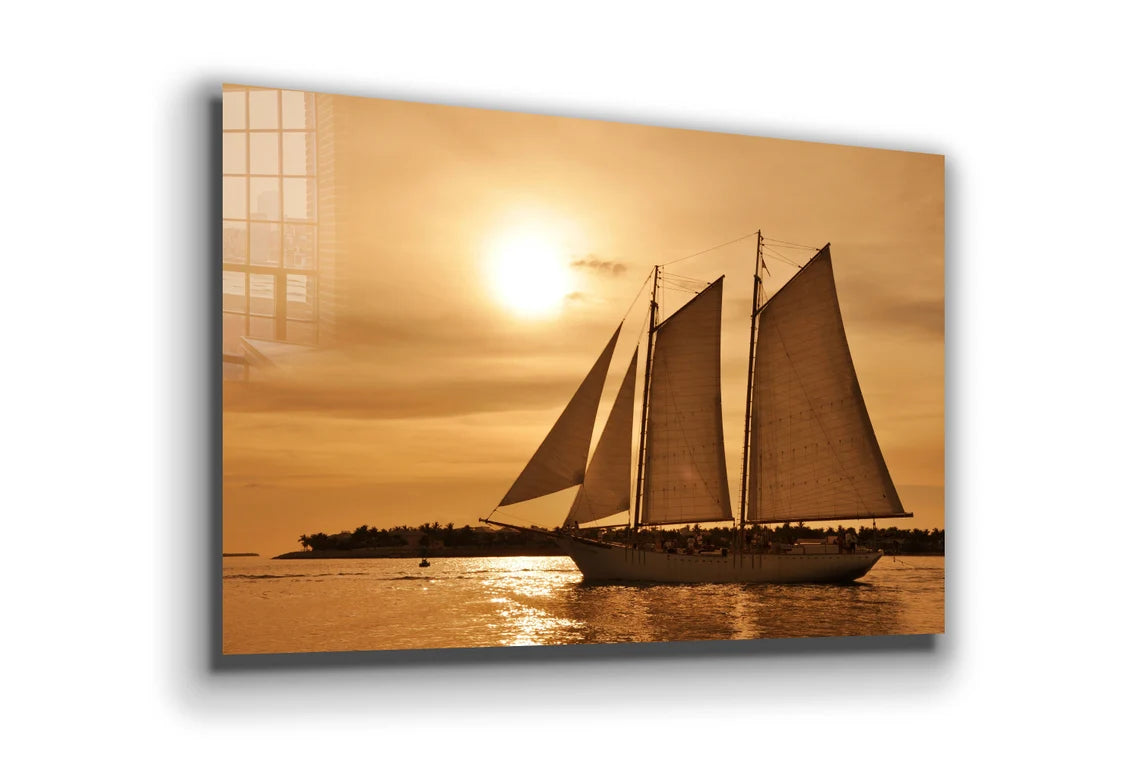 Sunset & Sailing Boat Print Tempered Glass Wall Art 100% Made in Australia Ready to Hang