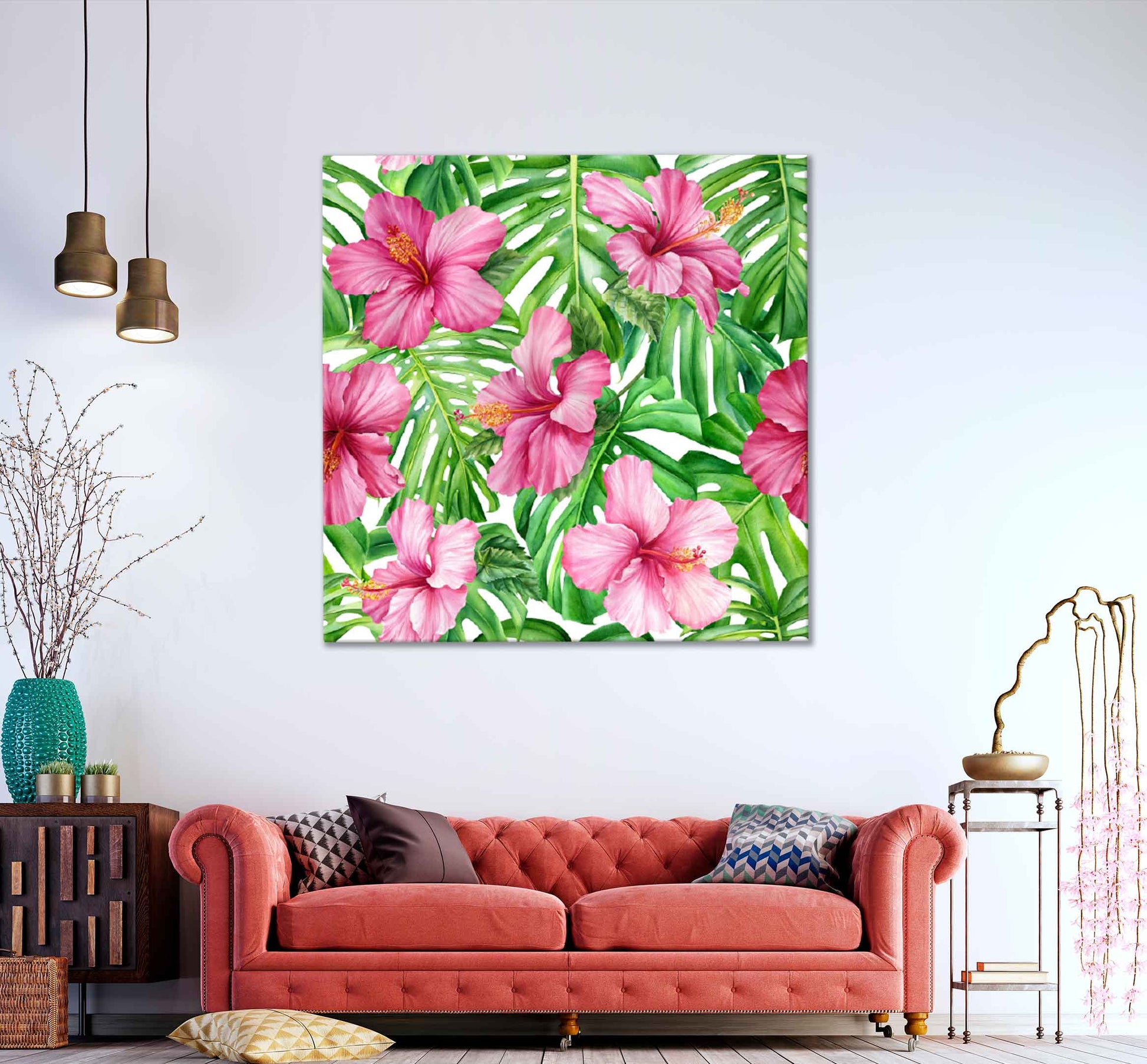 Square Canvas Pink Hibiscus & Leaves Vector Design High Quality Print 100% Australian Made