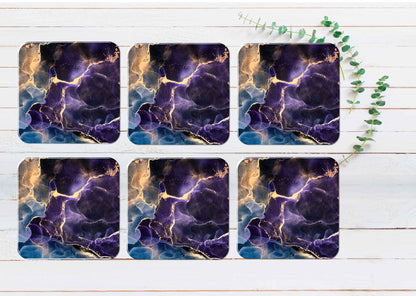 Purple Blue Gold Splash Marble Design Coasters Wood & Rubber - Set of 6 Coasters