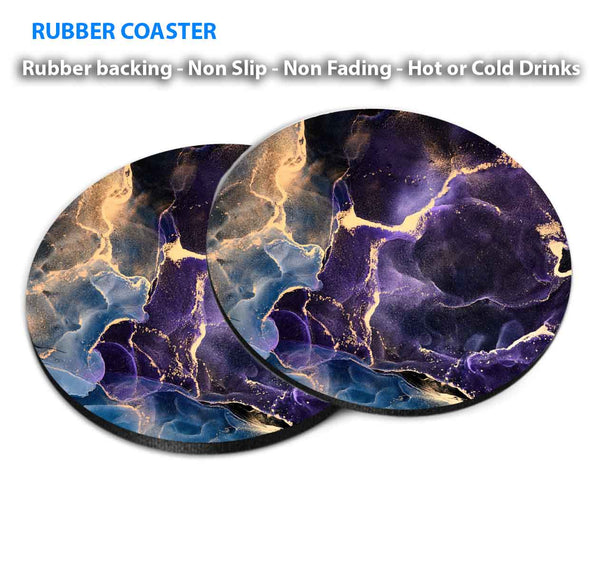 Purple Blue Gold Splash Marble Design Coasters Wood & Rubber - Set of 6 Coasters