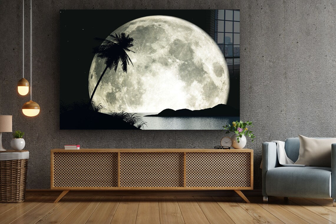 Moon Palm Tree Digital Print Tempered Glass Wall Art 100% Made in Australia Ready to Hang