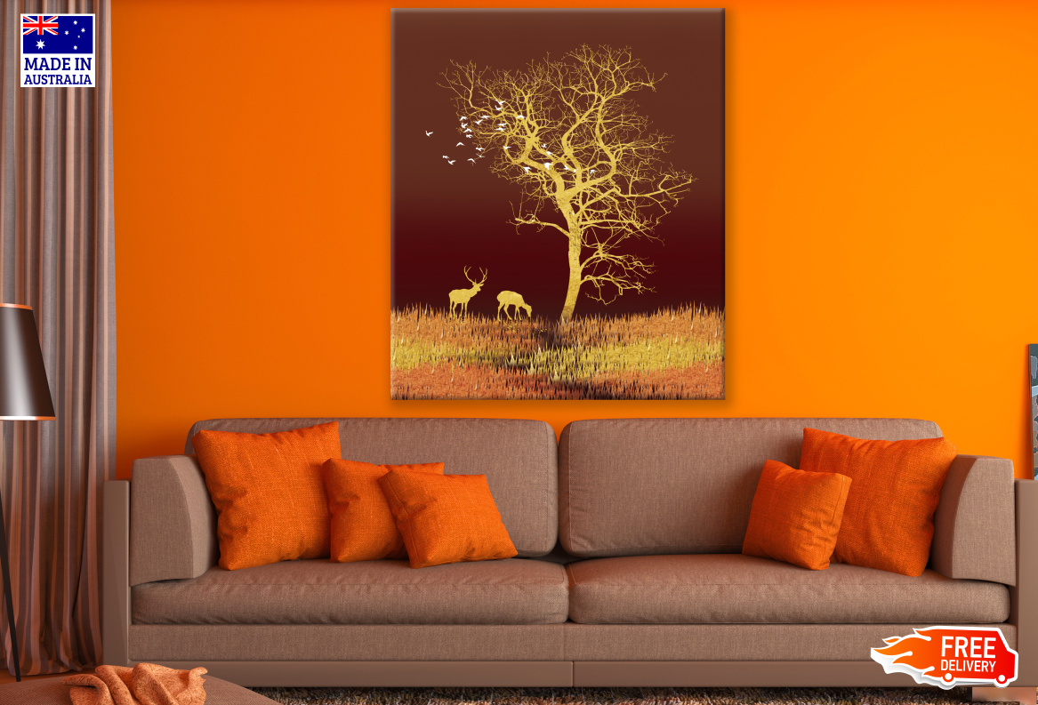 Abstract Tree Deer Couple & Birds Painting Print 100% Australian Made