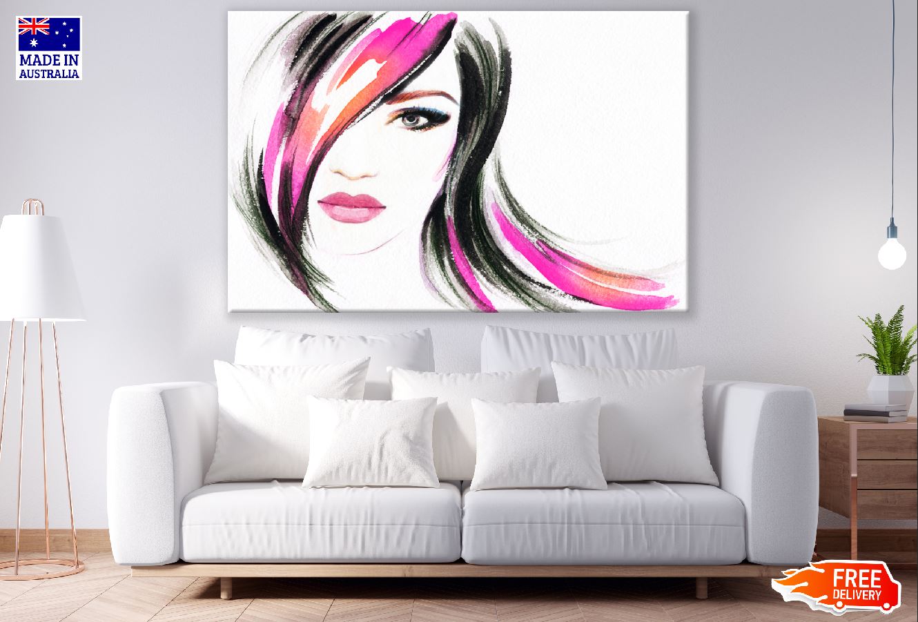 Fashion Lady with Pink & Black Hair Watercolor Painting Print 100% Australian Made