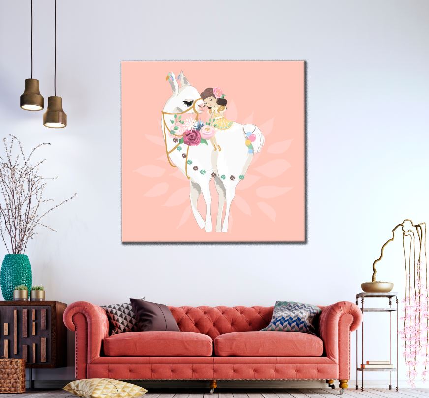 Square Canvas Llama & Cute Girl Painting High Quality Print 100% Australian Made