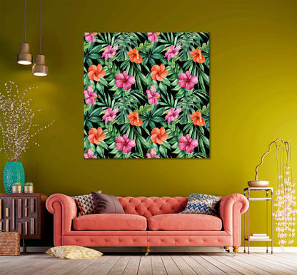 Square Canvas Pink & Orange Hibiscus Vector Design High Quality Print 100% Australian Made