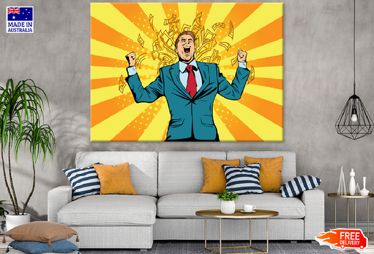 Happy Businessman With Dollar Bills Falling Illustration Print 100% Australian Made