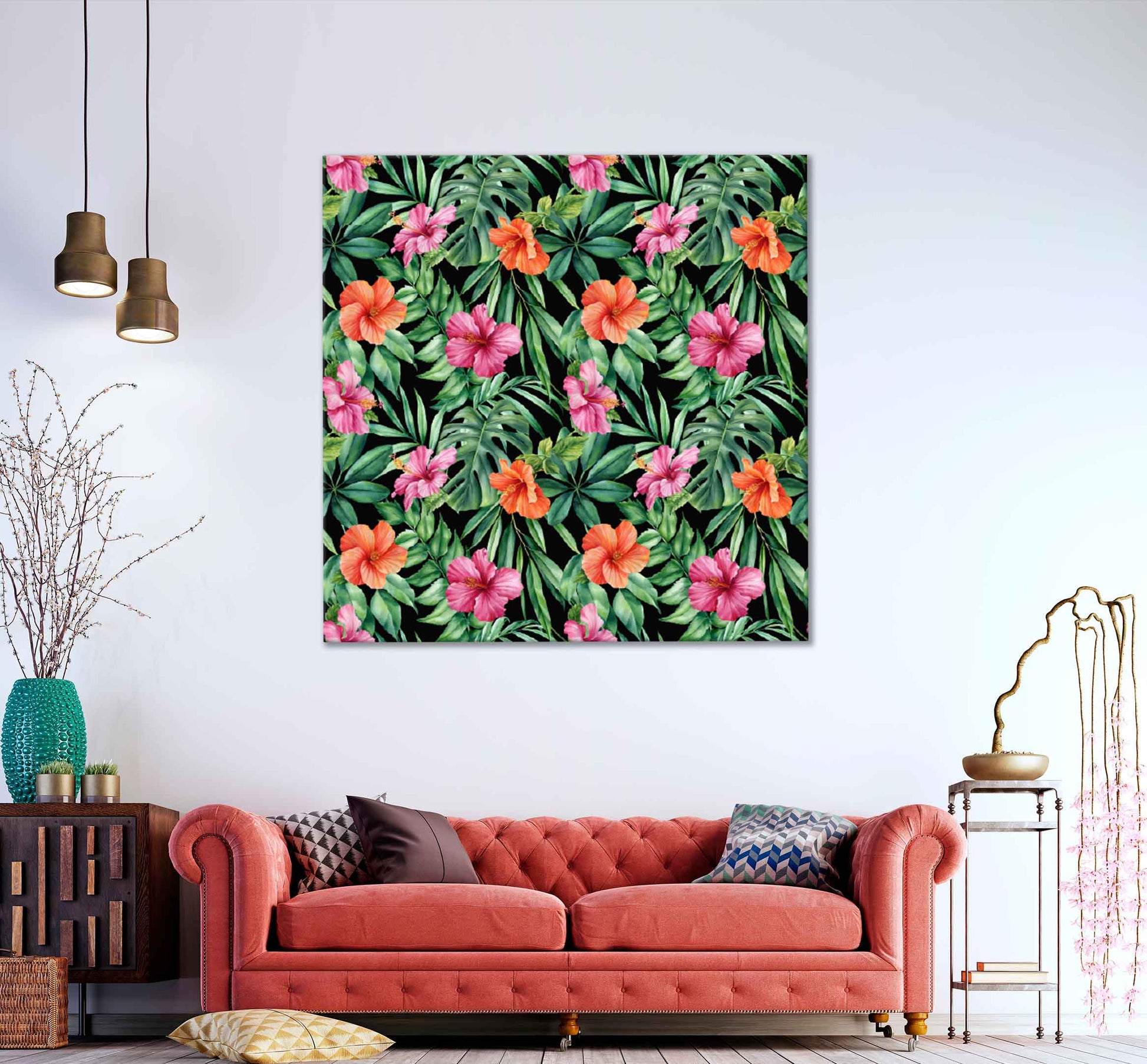 Square Canvas Pink & Orange Hibiscus Vector Design High Quality Print 100% Australian Made