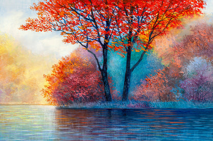 Bella Home Red Maple On The Lake Oil Painting Print Canvas Ready to hang