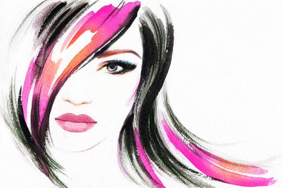 Fashion Lady with Pink & Black Hair Watercolor Painting Print 100% Australian Made