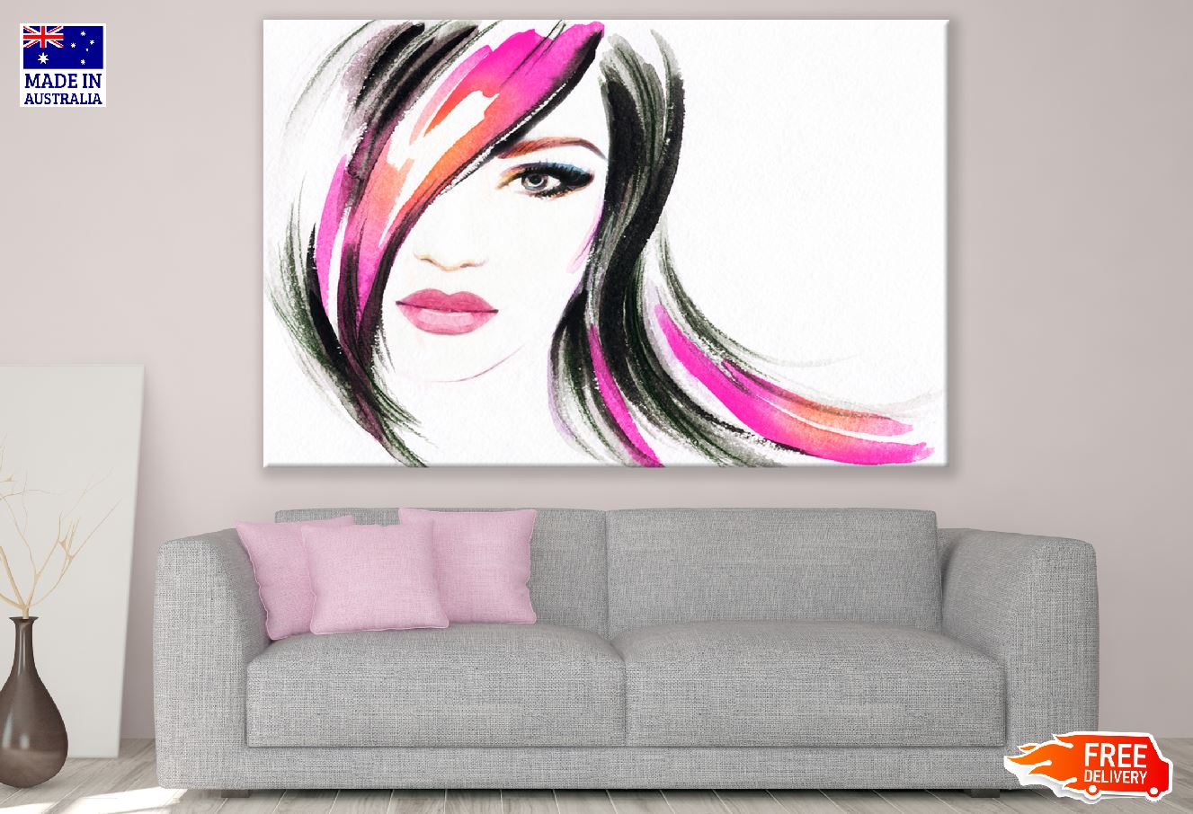 Fashion Lady with Pink & Black Hair Watercolor Painting Print 100% Australian Made