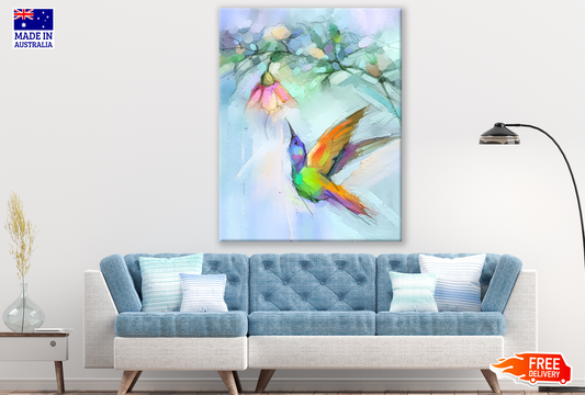 Humming Bird Flying Around Flower Painting Print 100% Australian Made