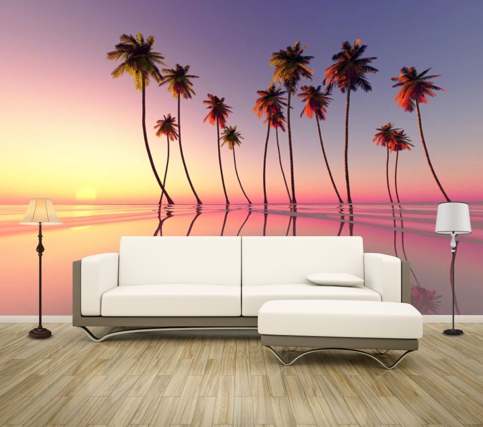 Wallpaper Murals Peel and Stick Removable Pool & Beach with Palm Trees in Sunset Photograph High Quality