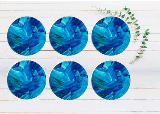 Blue Green Abstract Brush Strokes Coasters Wood & Rubber - Set of 6 Coasters